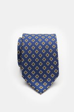 Front view of the Bigi Seidenkrawatte 'Nilo' blau/oliv/weiß gemustert, a silk tie with subtle shine, classic diamond pattern, lining identical to outer fabric, made in Italy, width 8 cm.