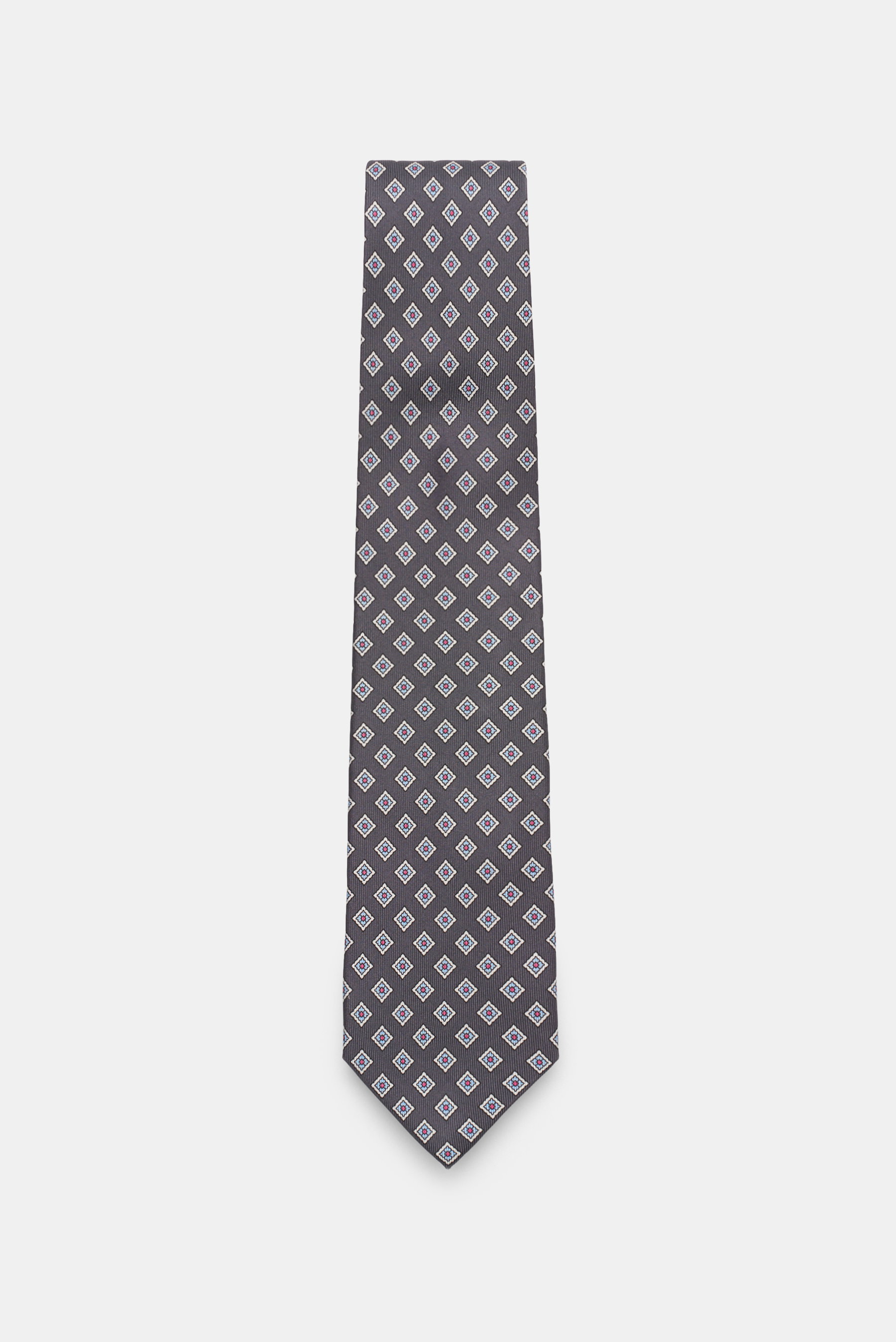 Bigi Silk tie 'Nilo' dark grey/light blue/white patterned, photographed top-down, pure silk, subtle sheen, classic diamond pattern, lining identical to outer fabric, made in Italy, width 8 cm.