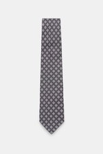 Bigi Silk tie 'Nilo' dark grey/light blue/white patterned, photographed top-down, pure silk, subtle sheen, classic diamond pattern, lining identical to outer fabric, made in Italy, width 8 cm.