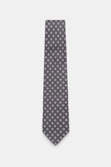 Bigi Silk tie 'Nilo' dark grey/light blue/white patterned, photographed top-down, pure silk, subtle sheen, classic diamond pattern, lining identical to outer fabric, made in Italy, width 8 cm.
