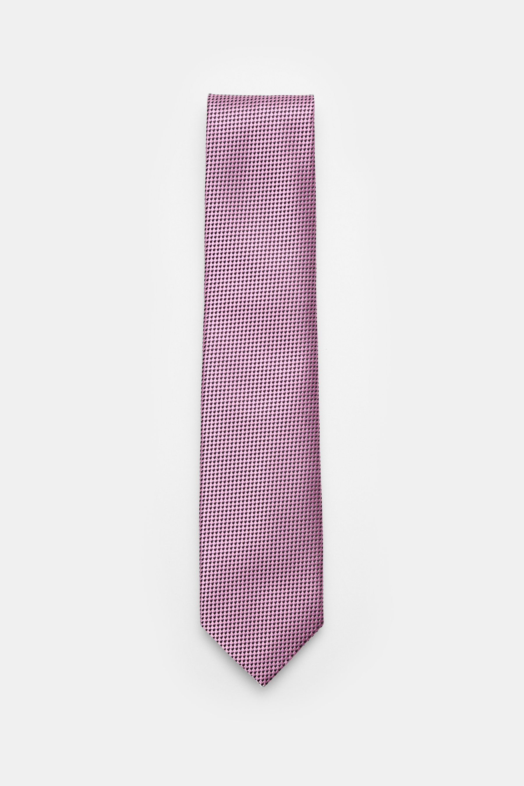 Tom Ford Seidenkrawatte rosé/schwarz gemustert, aus reiner Seide mit feinem Webmuster und dezentem Glanz, frontal fotografiert, Made in Italy.