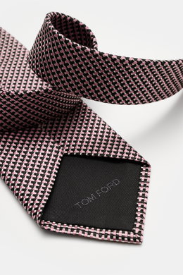 Tom Ford Seidenkrawatte rosé/schwarz/grau gemustert, Detailaufnahme von oben, reine Seide, feines Webmuster, Made in Italy, 8 cm breit