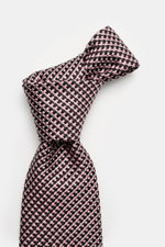 Tom Ford Seidenkrawatte rosé/schwarz/grau gemustert, Nahaufnahme von oben, reine Seide, feines Webmuster, dezenter Glanz, Made in Italy, 8 cm breit.