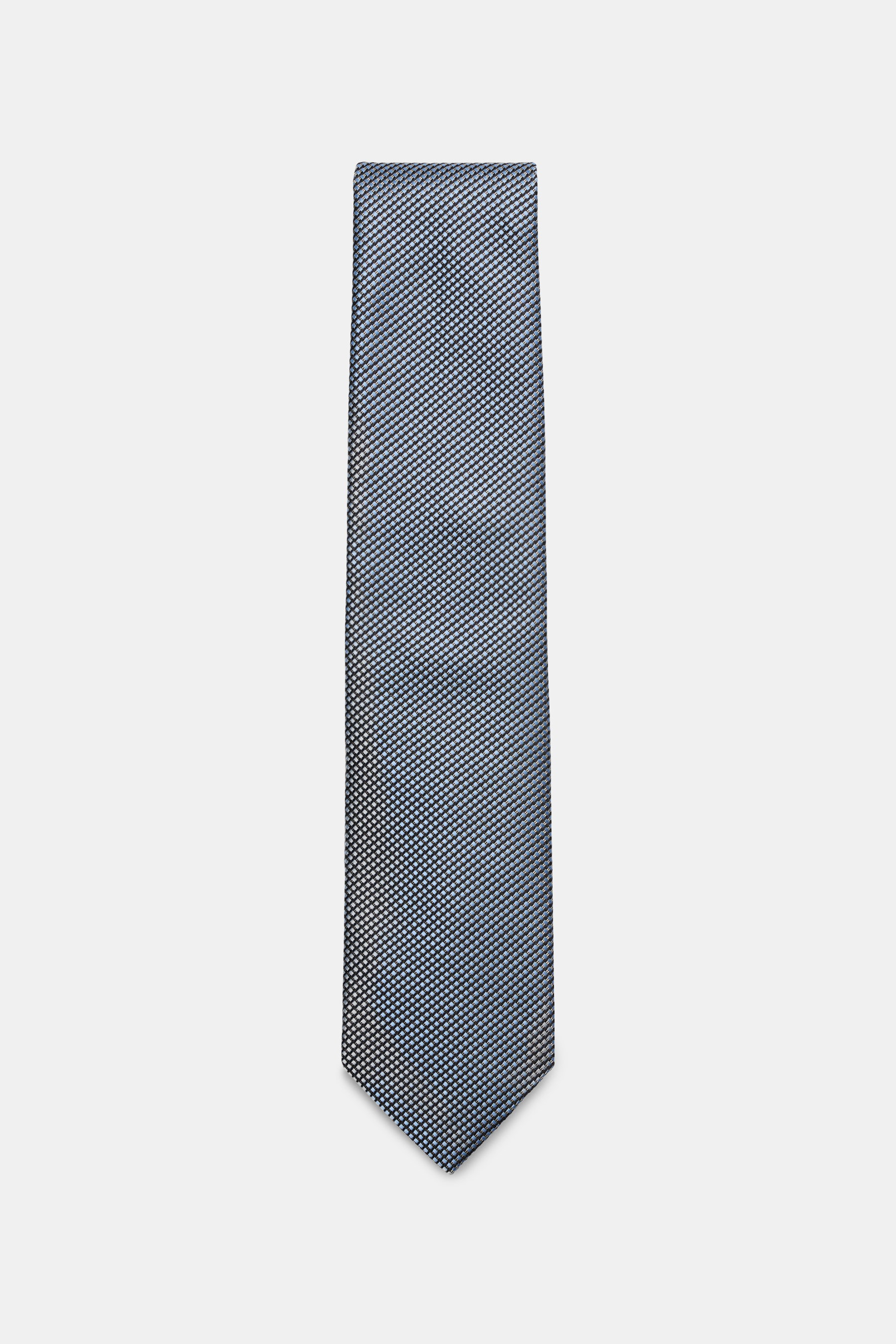 Tom Ford Seidenkrawatte hellblau/schwarz/grau gemustert, von oben fotografiert, reine Seide, feines Webmuster, dezenter Glanz, Made in Italy, 8 cm breit.