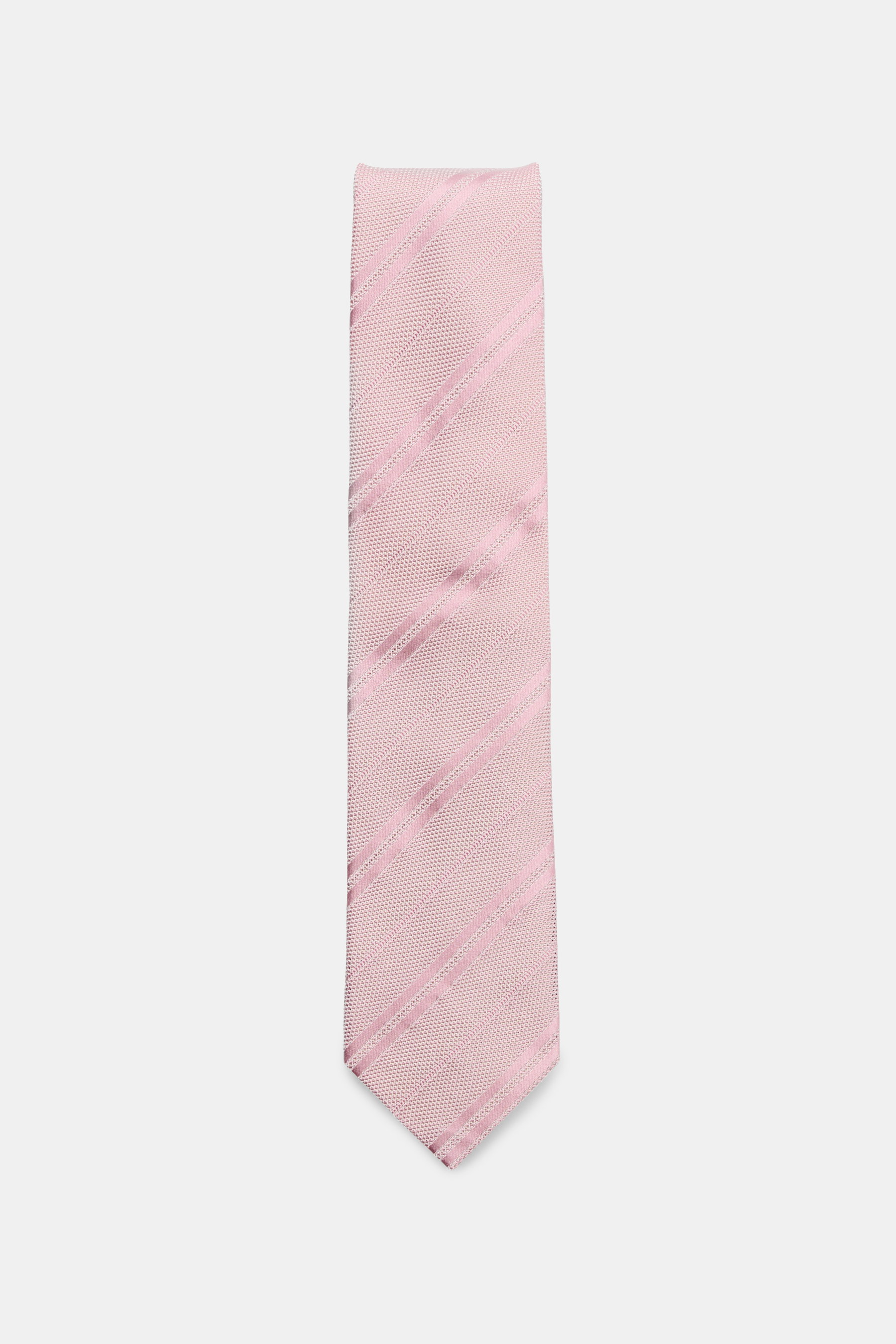 Tom Ford Seidenkrawatte altrosa/weiß gestreift, von oben fotografiert, reine Seide mit feinem Webmuster, dezenter Glanz, Made in Italy, 8 cm breit.