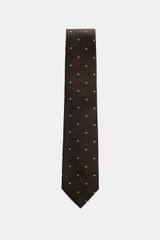 Tom Ford Seidenkrawatte dunkelbraun/schwarz/creme gemustert, Frontansicht, reine Seide, dezenter Glanz, Fischgratmuster mit Punkten, 8 cm breit, made in Italy, Logo-Stitching.