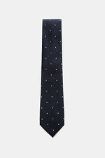 Tom Ford Seidenkrawatte navy/schwarz/creme gemustert mit Fischgrat und Punkten, aus feiner Seide, frontal fotografiert, 8 cm breit, made in Italy.