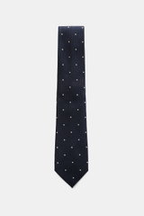 Tom Ford Seidenkrawatte navy/schwarz/creme gemustert mit Fischgrat und Punkten, aus feiner Seide, frontal fotografiert, 8 cm breit, made in Italy.