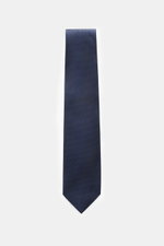 Tom Ford Seidenkrawatte dunkelblau/schwarz gemustert, Hahnentritt, reine Seide, dezenter Glanz, Logo-Stitching, made in Italy, 8 cm breit, frontal fotografiert.