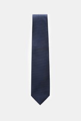 Tom Ford Seidenkrawatte dunkelblau/schwarz gemustert, Hahnentritt, reine Seide, dezenter Glanz, Logo-Stitching, made in Italy, 8 cm breit, frontal fotografiert.