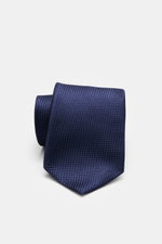 Tom Ford Seidenkrawatte navy gemustert mit Hahnentritt-Webmuster, dezentem Glanz und Logo-Stitching, aus reiner Seide, seitlich fotografiert.