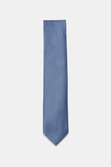Tom Ford Seidenkrawatte rauchblau/schwarz gemustert mit zeitlosem Hahnentrittmuster, Logo-Stitching, Breite 8 cm, aus reiner Seide, frontal fotografiert.