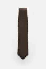 Tom Ford Seidenkrawatte dunkelbraun/schwarz gemustert, frontal fotografiert, reine Seide, dezenter Glanz, Hahnentrittmuster, Logo-Stitching, made in Italy, 8 cm breit.