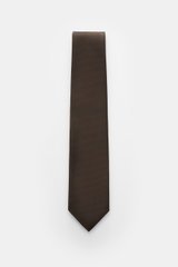 Tom Ford Seidenkrawatte dunkelbraun/schwarz gemustert, frontal fotografiert, reine Seide, dezenter Glanz, Hahnentrittmuster, Logo-Stitching, made in Italy, 8 cm breit.