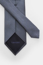 Tom Ford Seidenkrawatte navy/creme gemustert, grafisches Muster, dezenter Glanz, reine Seide, Logo-Stitching, made in Italy, Breite 8 cm, Draufsicht.