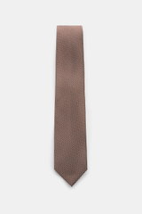 Tom Ford Seidenkrawatte braun/creme gemustert, von oben fotografiert mit grafischem Muster, dezenter Glanz, reine Seide, Logo-Stitching, made in Italy, 8 cm breit.