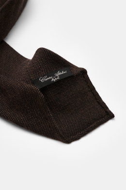 Cesare Attolini Woll-Krawatte 'Sfoderata' dunkelbraun, Detailaufnahme von oben, reine Schurwolle, feine Webstruktur, weicher Griff, leichte Qualität, Made in Italy, Breite 8,5 cm.