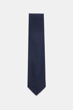 Cesare Attolini Krawatte 'Sfoderata' navy, frontal fotografiert, aus Schurwolle und Seide, feine Webstruktur, weicher Griff, leichte Qualität, Made in Italy, Breite 8,5 cm.