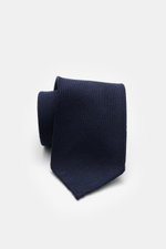 Cesare Attolini Krawatte 'Sfoderata' navy, nah seitlich fotografiert, Schurwolle und Seide, feine Webstruktur, weicher Griff, leichte Qualität, Made in Italy, Breite 8,5 cm.