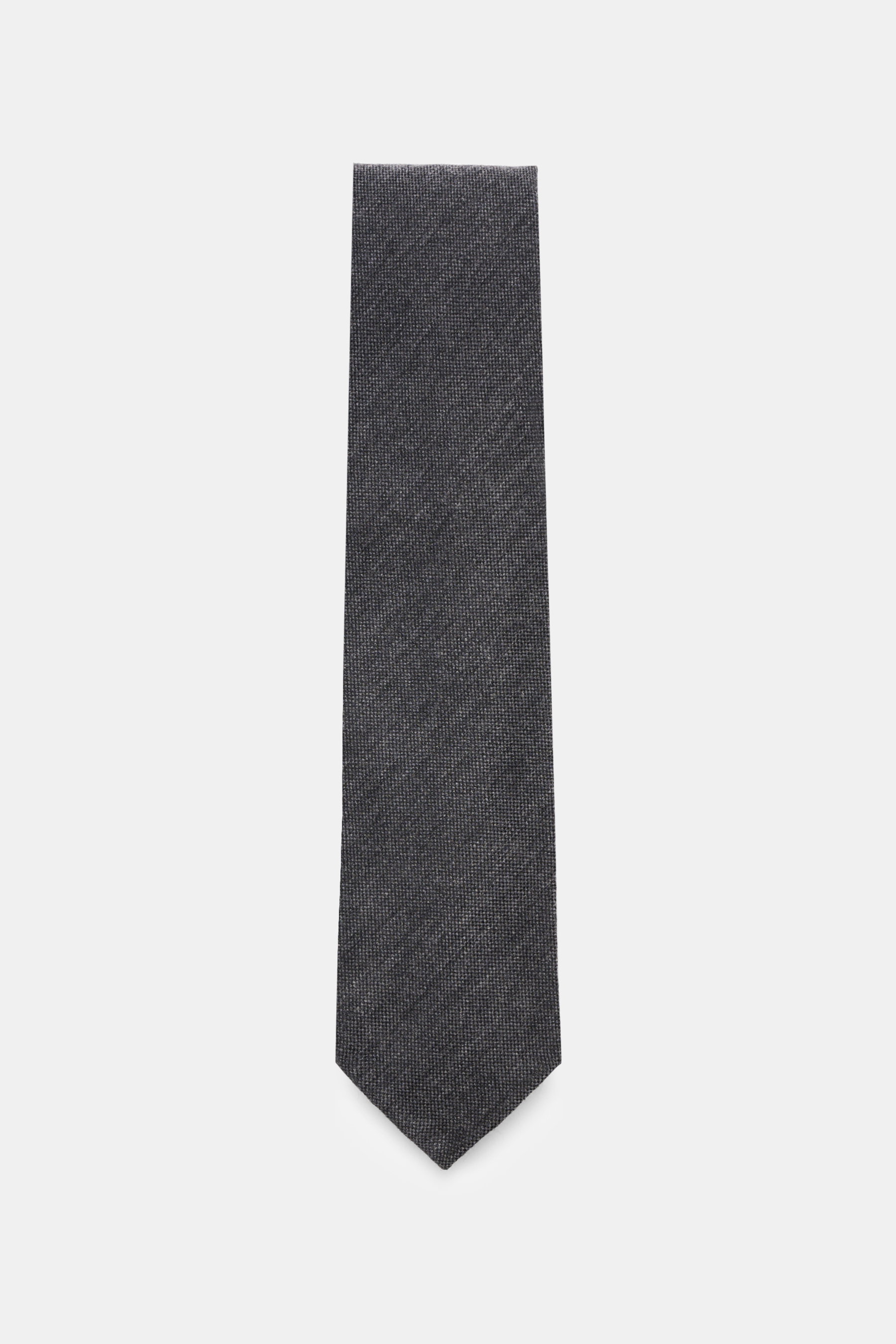 Cesare Attolini Krawatte 'Sfoderata' dunkelgrau, feine Webstruktur, aus Schurwolle und Seide, weicher Griff, leichte Qualität, Made in Italy, 8,5 cm breit, frontal fotografiert.
