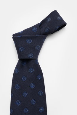 Cesare Attolini Krawatte 'Ventaglio' navy/blau gemustert, reine Wolle, grafisches Muster, Made in Italy, Breite 8,5 cm, Nahaufnahme von oben.