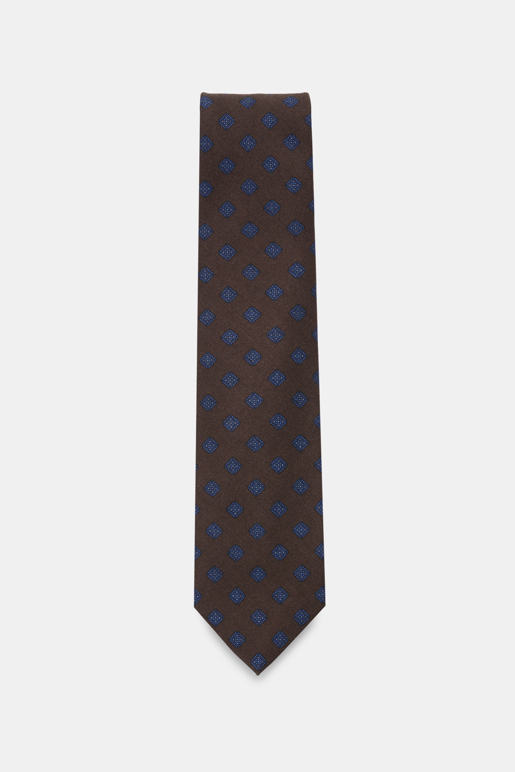 Cesare Attolini Krawatte 'Ventaglio' dunkelbraun/blau gemustert, reine Wolle, grafisches Muster, Made in Italy, Breite 8,5 cm, Frontalansicht.