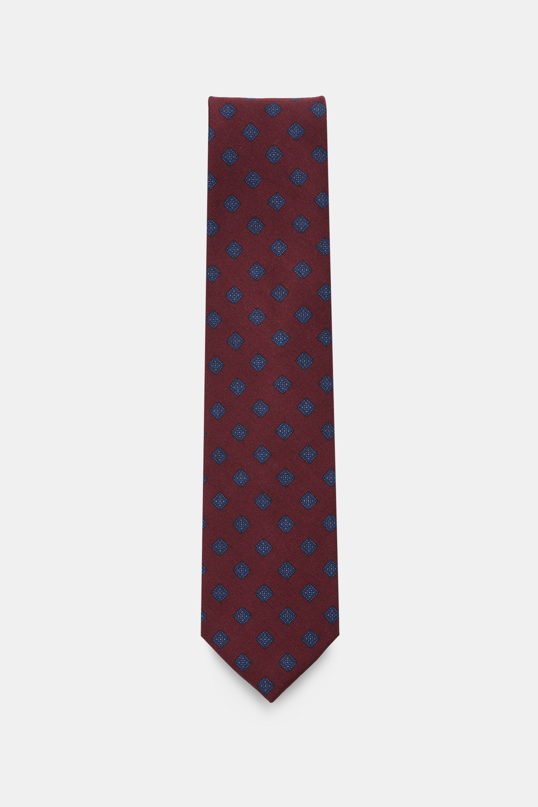 Cesare Attolini Krawatte 'Ventaglio' bordeaux/blau gemustert mit grafischem Muster, reine Wolle, Breite 8,5 cm, Made in Italy, frontal fotografiert.