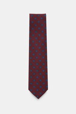 Cesare Attolini Krawatte 'Ventaglio' bordeaux/blau gemustert mit grafischem Muster, reine Wolle, Breite 8,5 cm, Made in Italy, frontal fotografiert.