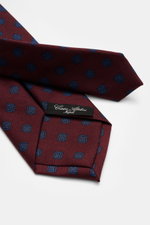 Cesare Attolini Krawatte 'Ventaglio' bordeaux/blau gemustert, reine Wolle, grafisches Muster, Made in Italy, Breite 8,5 cm, schräg von oben fotografiert.