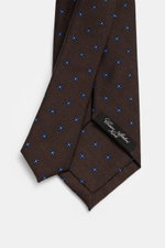 Cesare Attolini Krawatte 'Ventaglio' dunkelbraun/blau gemustert, florales Muster, reine Wolle, Made in Italy, Breite 8,5 cm, Nahaufnahme von oben.