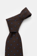 Cesare Attolini Krawatte "Ventaglio" dunkelbraun/blau gemustert, florales Muster, reine Wolle, Made in Italy, Breite 8,5 cm, Nahaufnahme von oben.