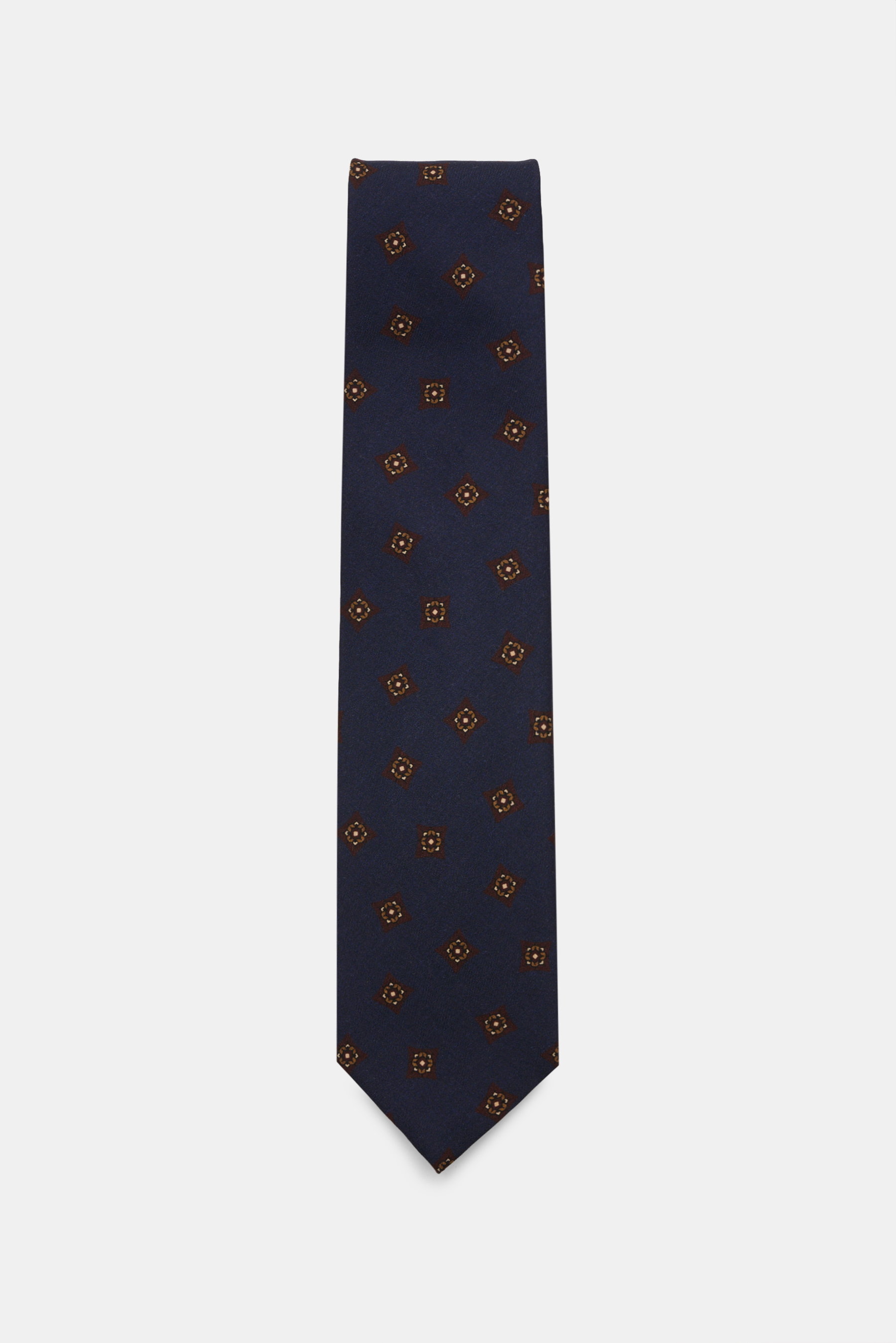Cesare Attolini Krawatte 'Ventaglio' navy/bordeaux/braun gemustert, frontale Nahaufnahme, Mix aus Wolle und Seide, Medaillonmuster, Made in Italy, 8,5 cm breit.