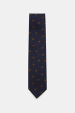 Cesare Attolini Krawatte 'Ventaglio' navy/bordeaux/braun gemustert, frontale Nahaufnahme, Mix aus Wolle und Seide, Medaillonmuster, Made in Italy, 8,5 cm breit.