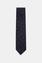 Cesare Attolini Krawatte 'Ventaglio' navy/bordeaux/braun gemustert, frontale Nahaufnahme, Mix aus Wolle und Seide, Medaillonmuster, Made in Italy, 8,5 cm breit.