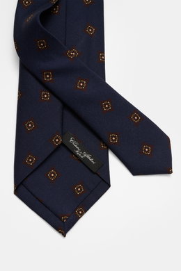 Cesare Attolini Krawatte 'Ventaglio' navy/bordeaux/braun gemustert, Medaillonmuster, Mix aus Wolle und Seide, Made in Italy, 8,5 cm breit, Nahaufnahme von oben.
