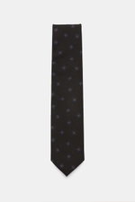 Cesare Attolini Krawatte 'Ventaglio' anthrazit/navy/braun gemustert, frontal fotografiert, Mix aus Wolle und Seide, Medaillonmuster, Made in Italy, Breite 8,5 cm.