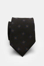 Cesare Attolini Krawatte 'Ventaglio' anthrazit/navy/braun gemustert mit Medaillonmuster, Mix aus Wolle und Seide, Made in Italy, Breite 8,5 cm, frontal fotografiert.