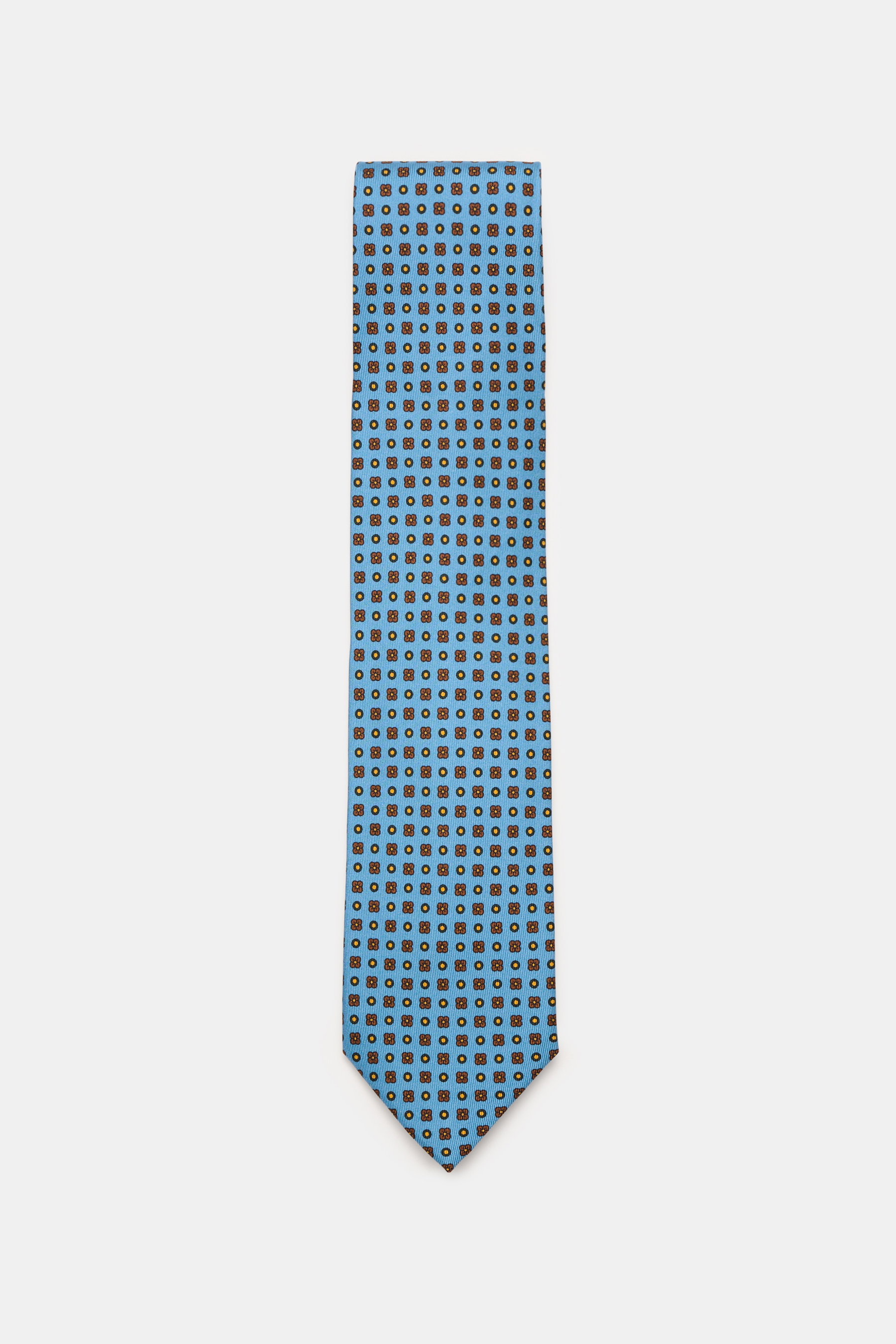 Cesare Attolini Seidenkrawatte 'Ventaglio' rauchblau/braun gemustert mit floralem Muster, glattem Griff, dezenter Glanz, reine Seide, Breite 8,5 cm, Made in Italy, von oben fotografiert.