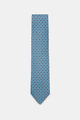 Cesare Attolini Seidenkrawatte 'Ventaglio' rauchblau/braun gemustert mit floralem Muster, glattem Griff, dezenter Glanz, reine Seide, Breite 8,5 cm, Made in Italy, von oben fotografiert.