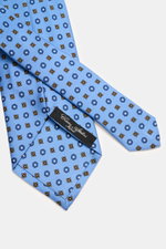 Cesare Attolini Seidenkrawatte 'Ventaglio' blau/dunkelblau/orange gemustert, florales Muster, reine Seide, Made in Italy, Breite 8,5 cm, Draufsicht.