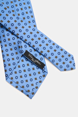 Cesare Attolini Seidenkrawatte 'Ventaglio' blau/dunkelblau/orange gemustert, florales Muster, reine Seide, Made in Italy, Breite 8,5 cm, Draufsicht.