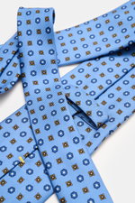 Cesare Attolini Seidenkrawatte 'Ventaglio' blau/dunkelblau/orange gemustert, florales Muster, reine Seide, Made in Italy, Breite 8,5 cm, Nahaufnahme von oben.