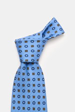 Cesare Attolini Seidenkrawatte "Ventaglio" blau/dunkelblau/orange gemustert, florales Muster, reine Seide, Made in Italy, Breite 8,5 cm, Nahaufnahme von oben.