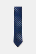 Cesare Attolini Silk tie 'Ventaglio' dark blue/blue/red patterned, photographed from above, featuring a floral pattern, pure silk, Made in Italy, width 8.5 cm.