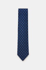 Cesare Attolini Silk tie 'Ventaglio' dark blue/blue/red patterned, photographed from above, featuring a floral pattern, pure silk, Made in Italy, width 8.5 cm.