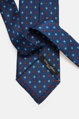 Cesare Attolini Silk tie 'Ventaglio' dark blue/blue/red patterned shown from a top-down perspective, featuring pure silk, floral pattern, Made in Italy, Width: 8.5 cm.