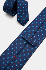 Cesare Attolini Silk tie 'Ventaglio' dark blue/blue/red patterned displayed from a top-down angle, showing pure silk, floral pattern, Made in Italy, width 8.5 cm.