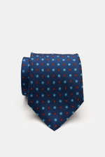 Cesare Attolini Silk tie 'Ventaglio' dark blue/blue/red patterned, photographed from above, showing floral pattern, pure silk, Made in Italy, Width: 8.5 cm.