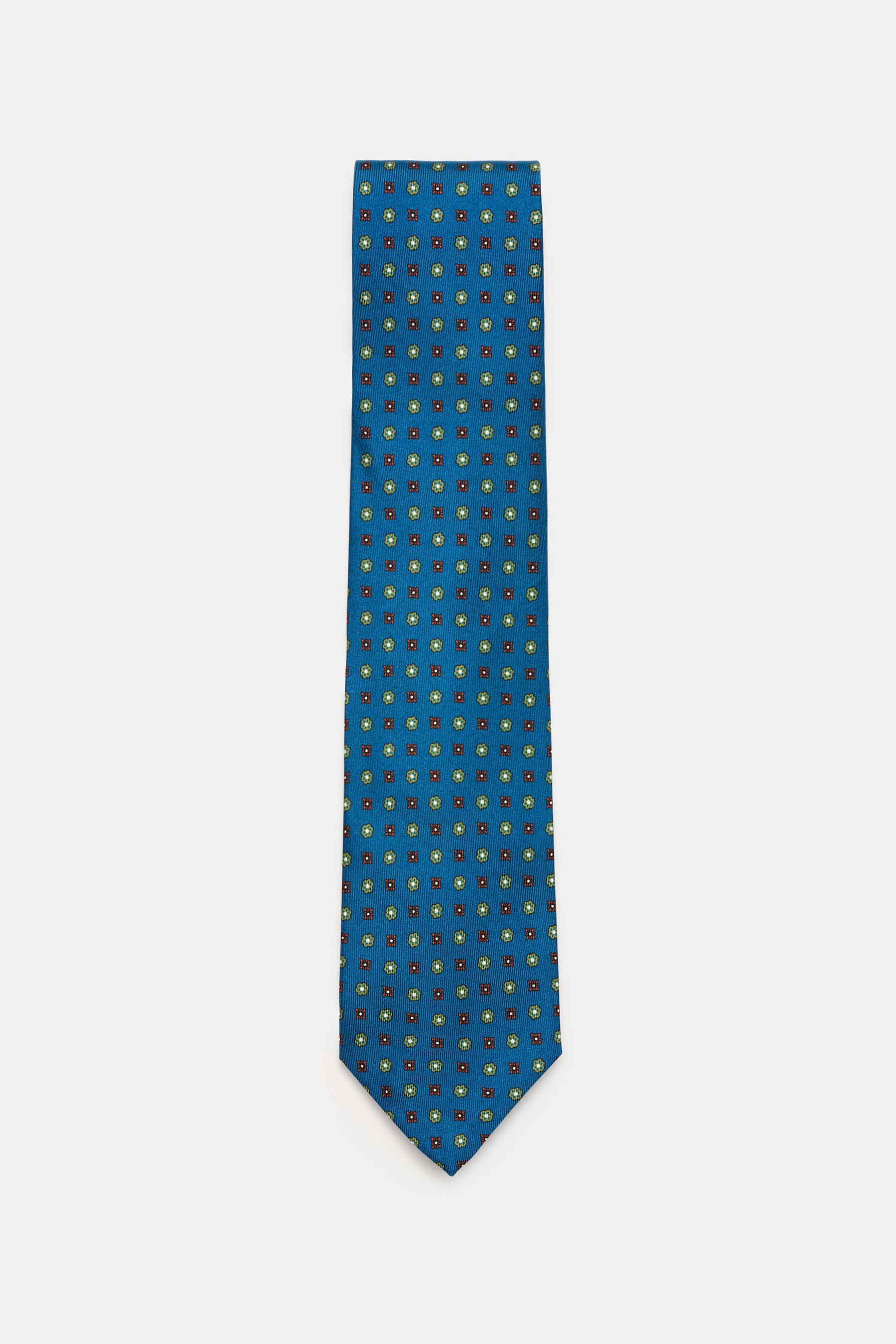 Cesare Attolini Silk tie 'Ventaglio' petrol/light green/orange patterned, floral pattern, pure silk, Made in Italy, width 8.5 cm, photographed from top down.
