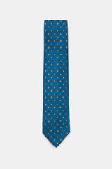 Cesare Attolini Silk tie 'Ventaglio' petrol/light green/orange patterned, floral pattern, pure silk, Made in Italy, width 8.5 cm, photographed from top down.